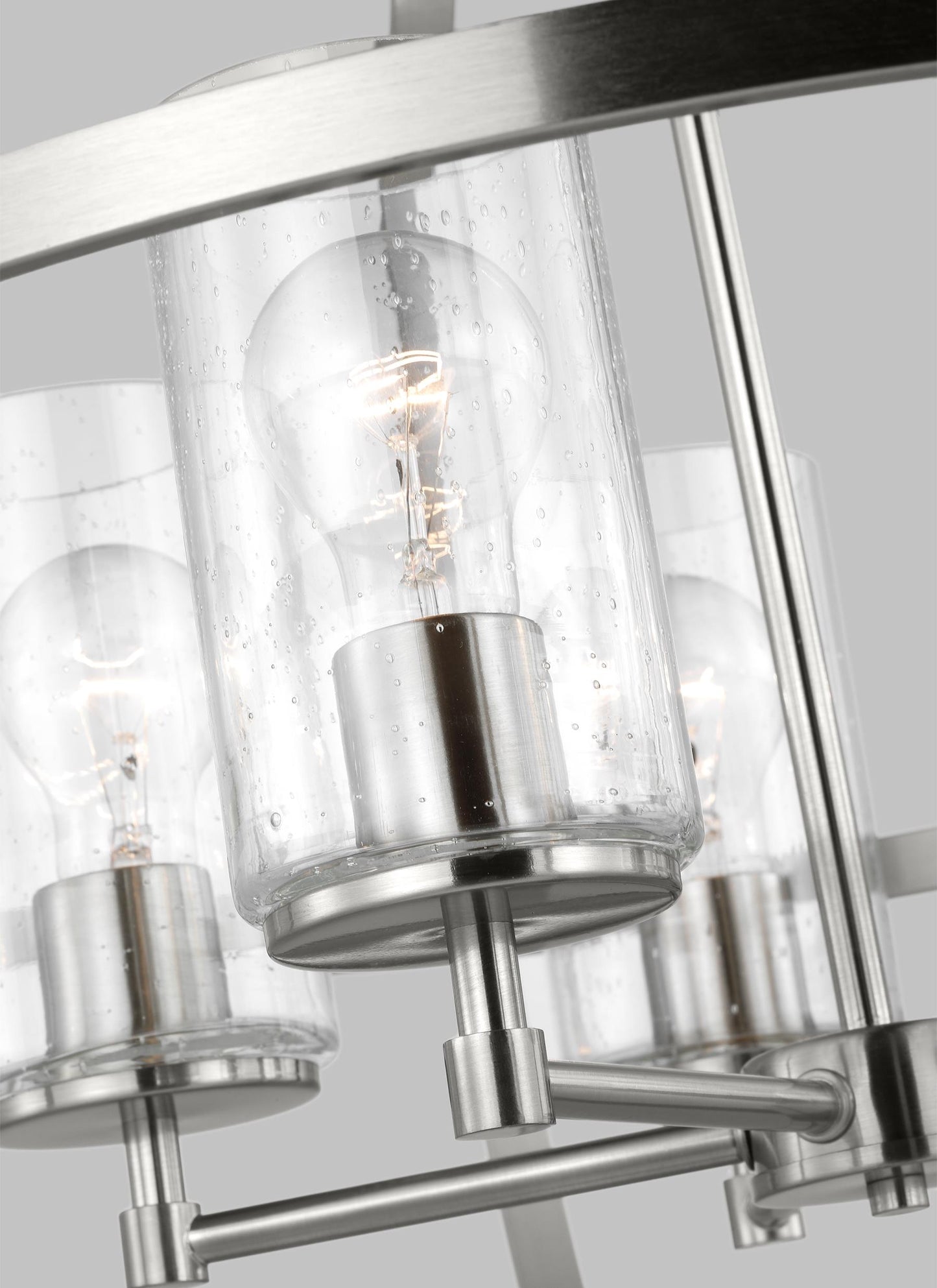 Generation Lighting Alturas indoor dimmable 5-light single tier chandelier in brushed nickel finish with spherical steel frame and cylindrical clear seeded glass shades 3124675-962