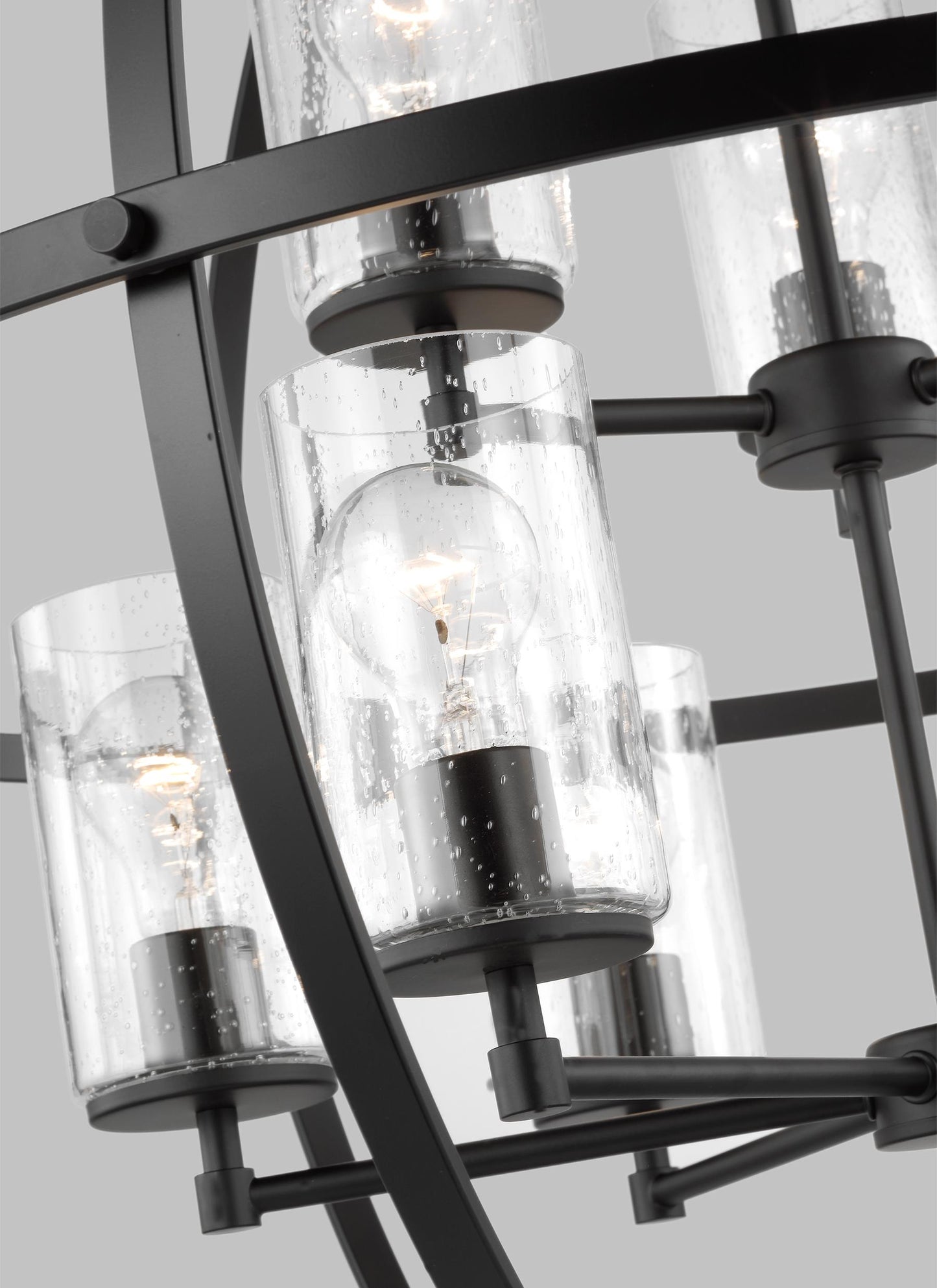 Generation Lighting Alturas indoor dimmable 9-light multi-tier chandelier in brushed nickel finish with spherical steel frame and cylindrical clear seeded glass shades 3124679-112