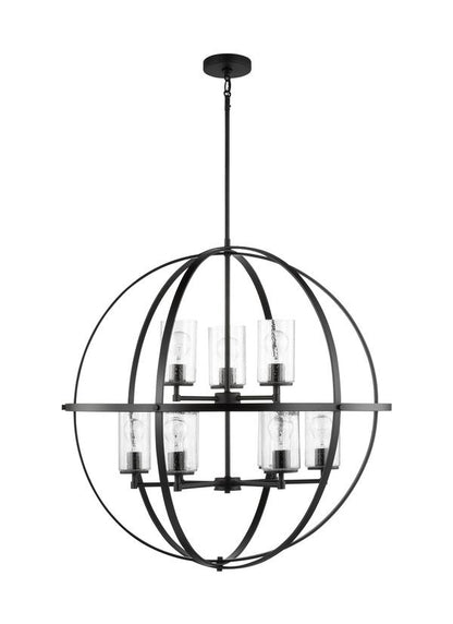 Generation Lighting Alturas indoor dimmable 9-light multi-tier chandelier in brushed nickel finish with spherical steel frame and cylindrical clear seeded glass shades 3124679-112