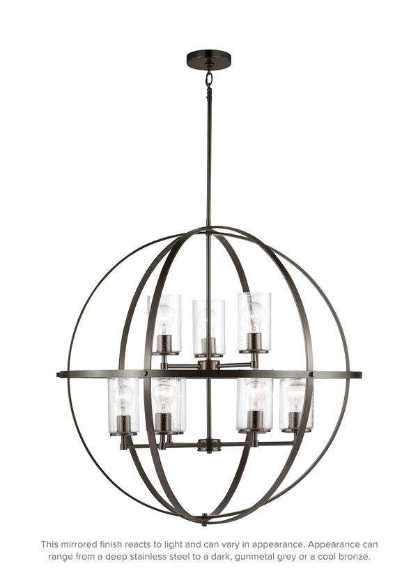 Generation Lighting Alturas indoor dimmable 9-light multi-tier chandelier in pewter bronze finish with spherical steel frame and cylindrical clear seeded glass shades 3124679-778