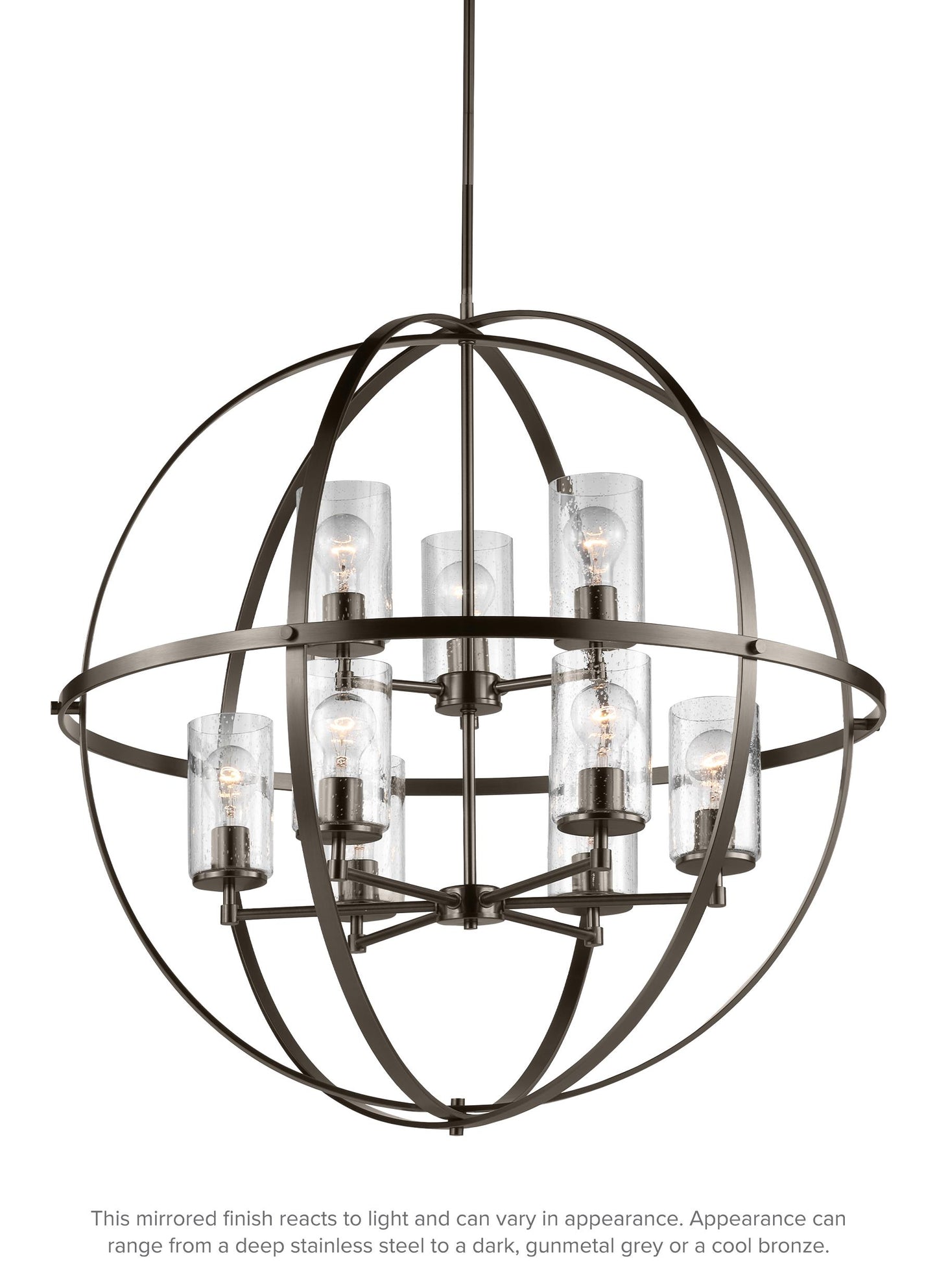 Generation Lighting Alturas indoor dimmable 9-light multi-tier chandelier in pewter bronze finish with spherical steel frame and cylindrical clear seeded glass shades 3124679-778