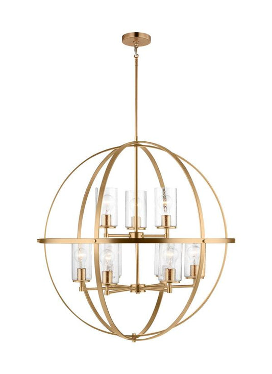 Generation Lighting Alturas indoor dimmable 9-light multi-tier chandelier in satin brass finish with spherical steel frame and cylindrical clear seeded glass shades 3124679-848