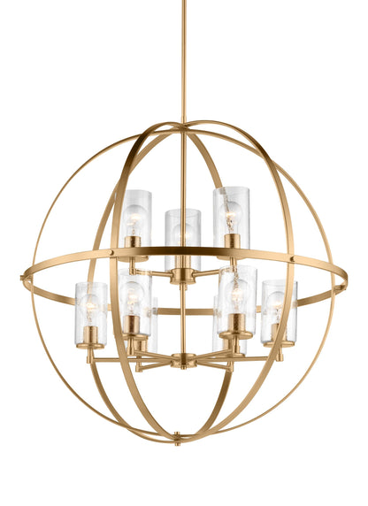 Generation Lighting Alturas indoor dimmable 9-light multi-tier chandelier in satin brass finish with spherical steel frame and cylindrical clear seeded glass shades 3124679-848