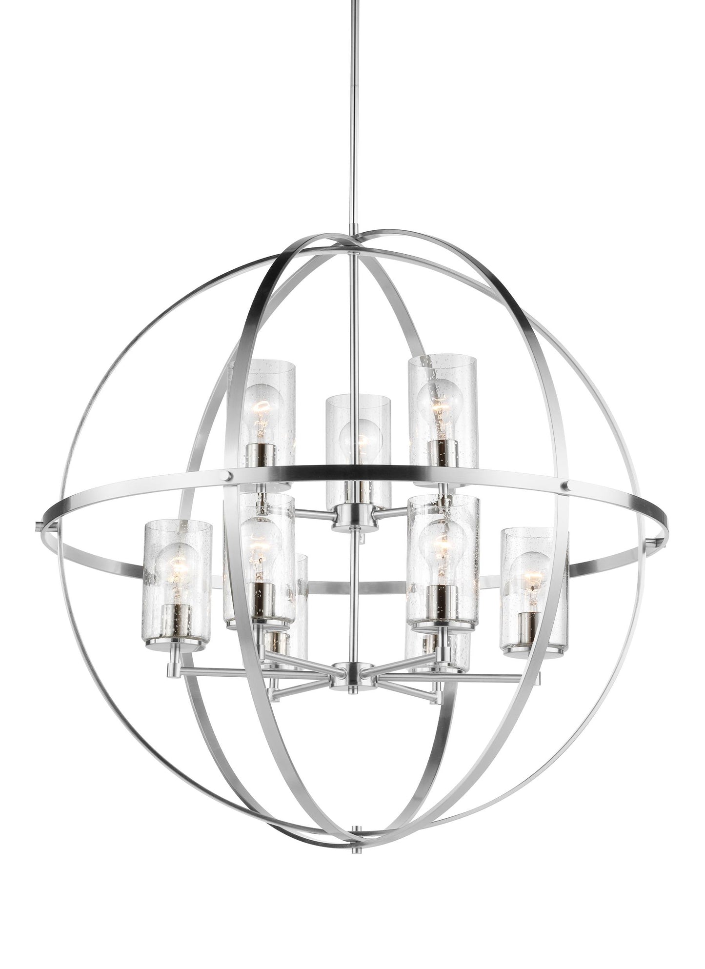 Generation Lighting Alturas indoor dimmable 9-light multi-tier chandelier in brushed nickel finish with spherical steel frame and cylindrical clear seeded glass shades 3124679-962