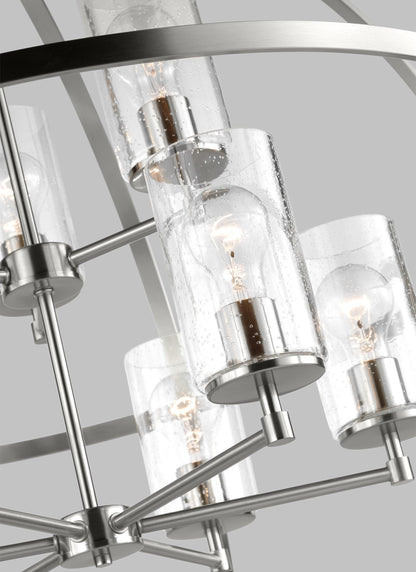 Generation Lighting Alturas indoor dimmable 9-light multi-tier chandelier in brushed nickel finish with spherical steel frame and cylindrical clear seeded glass shades 3124679-962