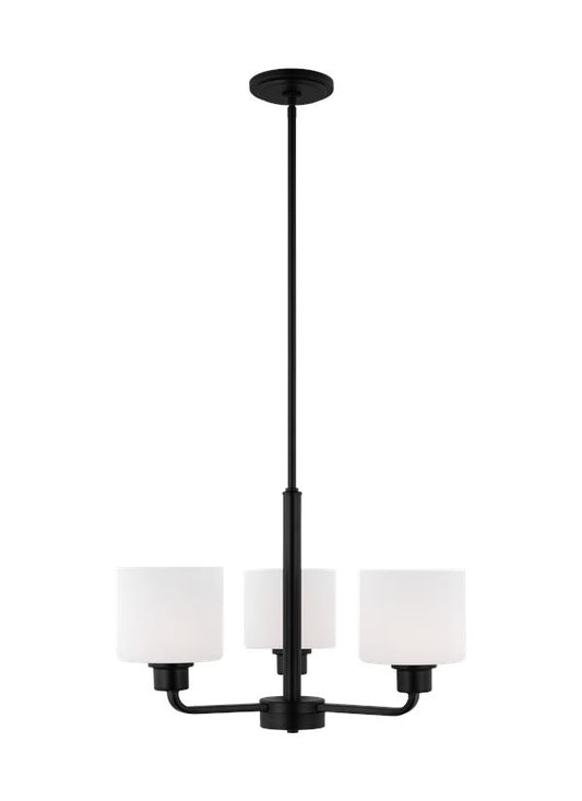 Generation Lighting  Canfield indoor dimmable 3-light chandelier in midnight black finish and etched white glass shade 3128803-112