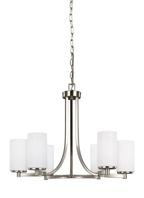 Generation Lighting Hettinger transitional 6-light indoor dimmable ceiling chandelier pendant light in brushed nickel silver finish with etched white inside glass shades 3139106-962