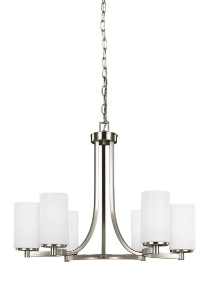 Generation Lighting Hettinger transitional 6-light indoor dimmable ceiling chandelier pendant light in brushed nickel silver finish with etched white inside glass shades 3139106-962