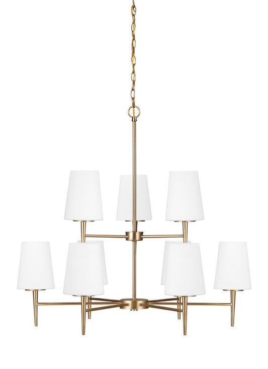 Generation Lighting Driscoll contemporary 9-light indoor dimmable ceiling chandelier pendant light in satin brass gold finish with cased opal etched glass 3140409-848