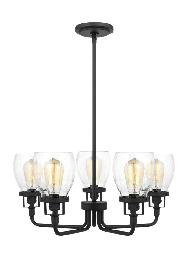 Generation Lighting Belton transitional 5-light indoor dimmable ceiling up chandelier pendant light in midnight black finish with clear seeded glass shades 3214505-112