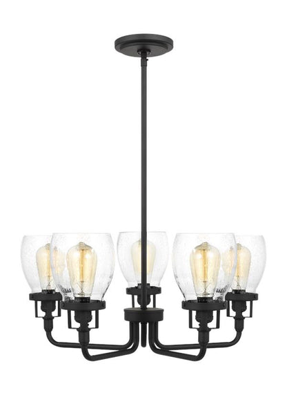 Generation Lighting Belton transitional 5-light indoor dimmable ceiling up chandelier pendant light in midnight black finish with clear seeded glass shades 3214505-112