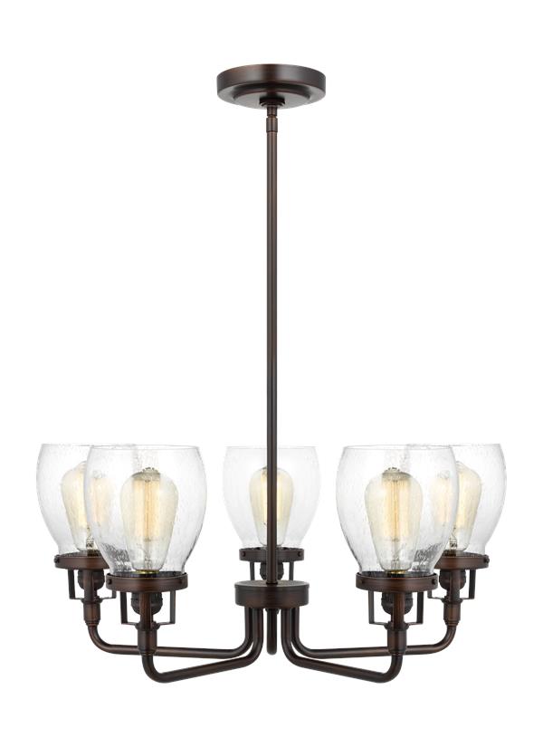 Generation Lighting Belton transitional 5-light indoor dimmable ceiling up chandelier pendant light in bronze finish with clear seeded glass shades 3214505-710