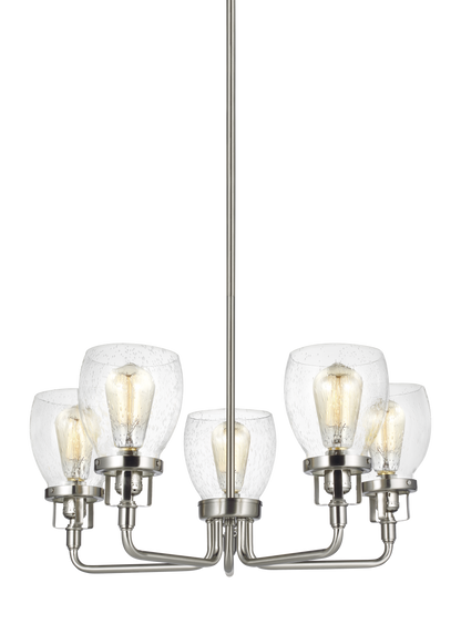 Generation Lighting Belton transitional 5-light indoor dimmable ceiling up chandelier pendant light in brushed nickel silver finish with clear seeded glass shades 3214505-962