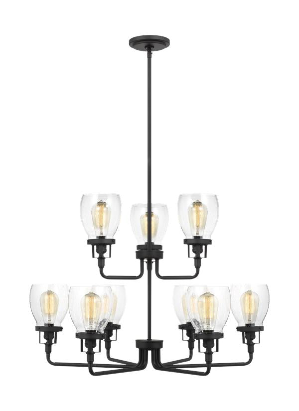 Generation Lighting Belton transitional 9-light indoor dimmable ceiling chandelier pendant light in midnight black finish with clear seeded glass shades 3214509-112