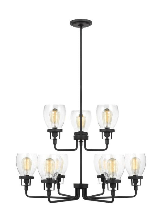 Generation Lighting Belton transitional 9-light indoor dimmable ceiling chandelier pendant light in midnight black finish with clear seeded glass shades 3214509-112