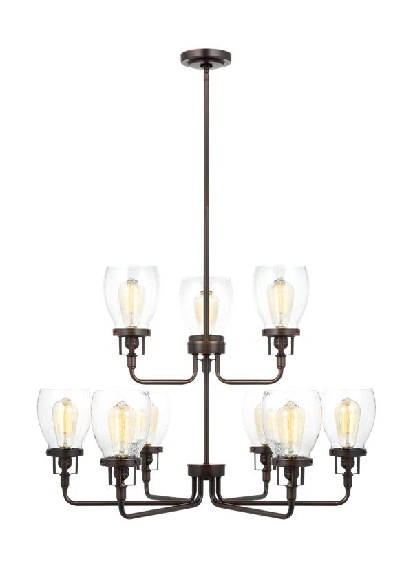 Generation Lighting Belton transitional 9-light indoor dimmable ceiling chandelier pendant light in bronze finish with clear seeded glass shades 3214509-710