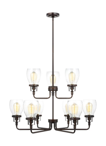 Generation Lighting Belton transitional 9-light indoor dimmable ceiling chandelier pendant light in bronze finish with clear seeded glass shades 3214509-710