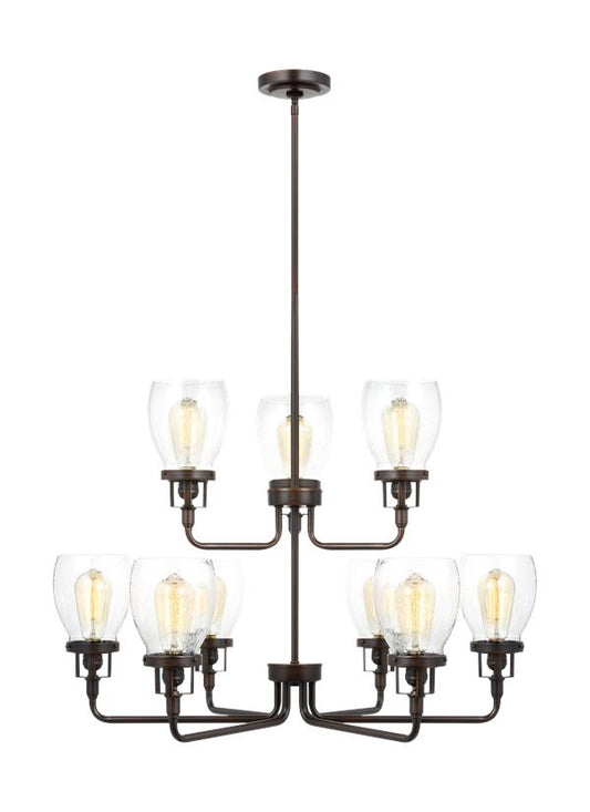 Generation Lighting Belton transitional 9-light indoor dimmable ceiling chandelier pendant light in bronze finish with clear seeded glass shades 3214509-710