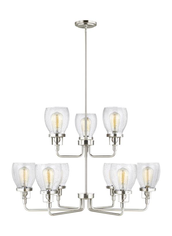 Generation Lighting Belton transitional 9-light indoor dimmable ceiling chandelier pendant light in brushed nickel silver finish with clear seeded glass shades 3214509-962