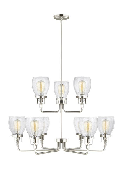 Generation Lighting Belton transitional 9-light indoor dimmable ceiling chandelier pendant light in brushed nickel silver finish with clear seeded glass shades 3214509-962