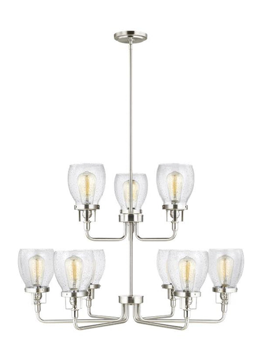 Generation Lighting Belton transitional 9-light indoor dimmable ceiling chandelier pendant light in brushed nickel silver finish with clear seeded glass shades 3214509-962