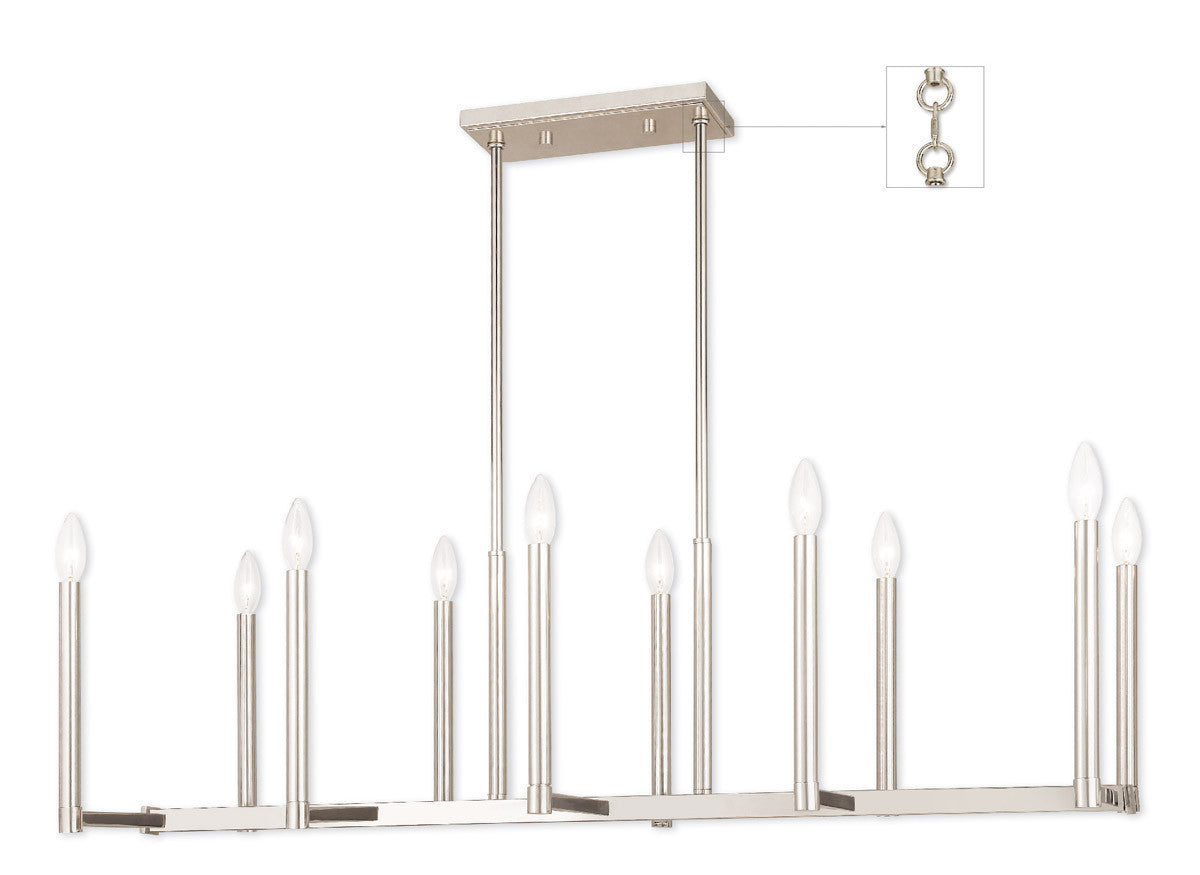 Livex Lighting Alpine Collection 10 Light PN Linear Chandelier in Polished Nickel 40259-35