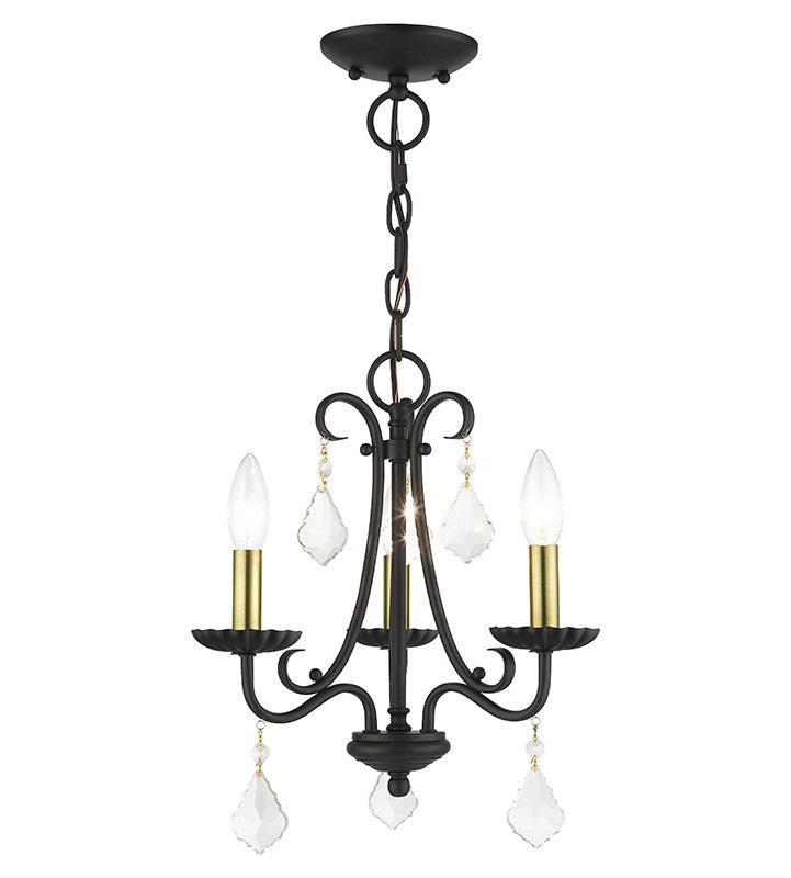 Livex Lighting Daphne Collection 3 Light Black Mini Chandelier with Antique Brass Finish Accents and Clear Crystals 40873-04