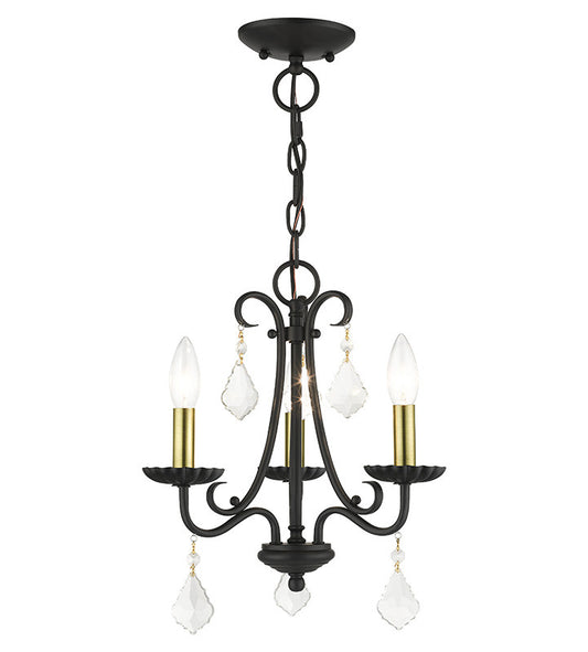 Livex Lighting Daphne Collection 3 Light Black Mini Chandelier with Antique Brass Finish Accents and Clear Crystals 40873-04