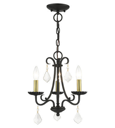 Livex Lighting Daphne Collection 3 Light Black Mini Chandelier with Antique Brass Finish Accents and Clear Crystals 40873-04