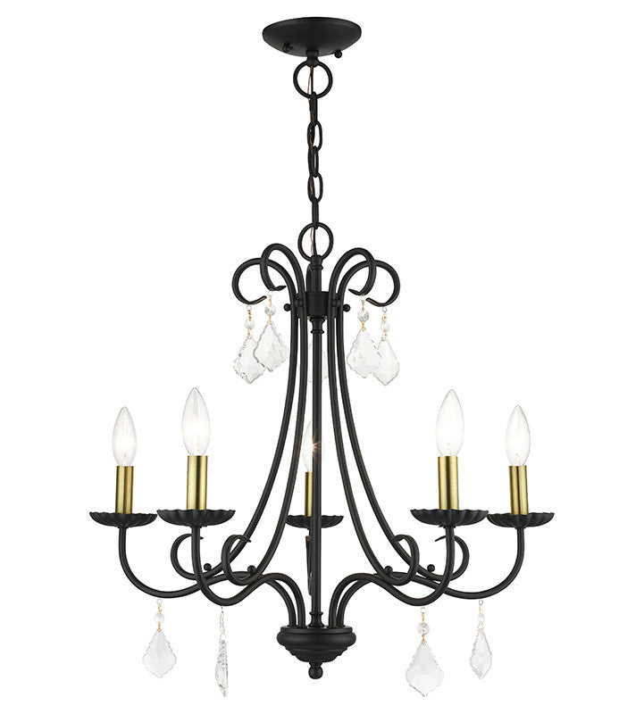 Livex Lighting Daphne Collection 5 Light Black Chandelier with Antique Brass Finish Accents and Clear Crystals 40875-04