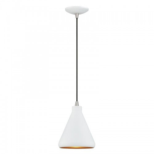 Livex Lighting Geneva 1 Light White Cone Mini Pendant with Brushed Nickel Accents and White Aluminum Shade with Gold Inside 41177-03