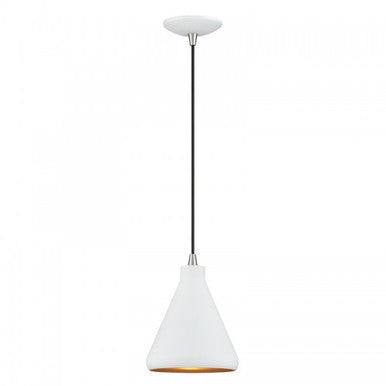 Livex Lighting Geneva 1 Light White Cone Mini Pendant with Brushed Nickel Accents and White Aluminum Shade with Gold Inside 41177-03