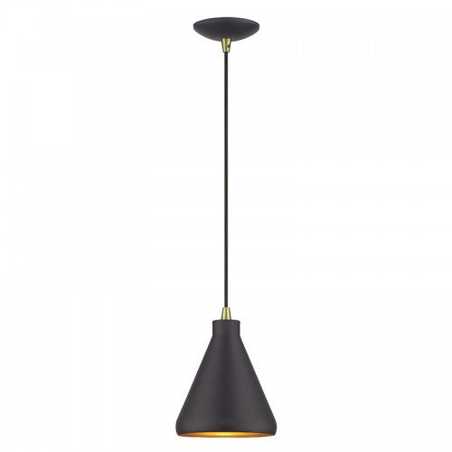 Livex Lighting Geneva 1 Light Bronze Cone Mini Pendant with Antique Brass Accents and Bronze Aluminum Shade with Gold Inside 41177-07