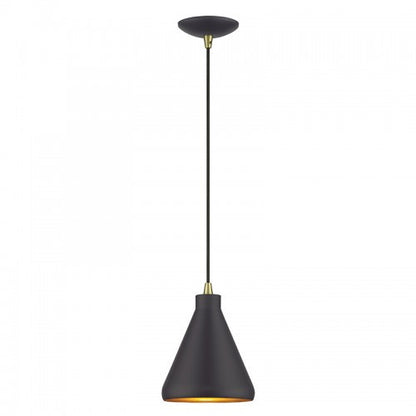 Livex Lighting Geneva 1 Light Bronze Cone Mini Pendant with Antique Brass Accents and Bronze Aluminum Shade with Gold Inside 41177-07