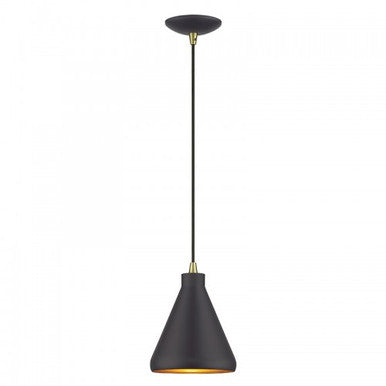 Livex Lighting Geneva 1 Light Bronze Cone Mini Pendant with Antique Brass Accents and Bronze Aluminum Shade with Gold Inside 41177-07