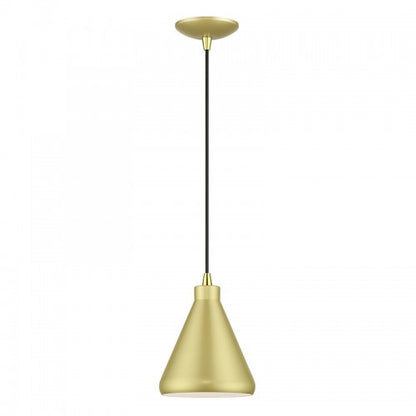 Livex Lighting Geneva 1 Light Soft Gold Cone Mini Pendant with Polished Brass Accents and Soft Gold Aluminum Shade with White Inside 41177-33