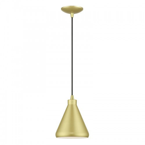 Livex Lighting Geneva 1 Light Soft Gold Cone Mini Pendant with Polished Brass Accents and Soft Gold Aluminum Shade with White Inside 41177-33