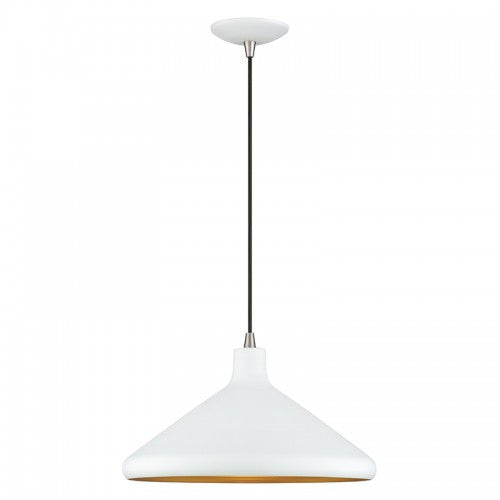 Livex Lighting Geneva 1 Light White Cone Pendant with Brushed Nickel Accents and White Aluminum Shade with Gold Inside 41179-03