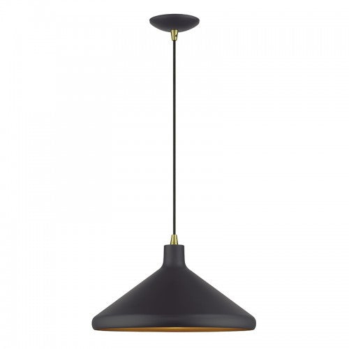 Livex Lighting Geneva 1 Light Bronze Cone Pendant with Antique Brass Accents and Bronze Aluminum Shade with Gold Inside 41179-07