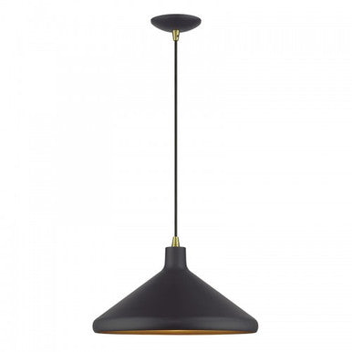 Livex Lighting Geneva 1 Light Bronze Cone Pendant with Antique Brass Accents and Bronze Aluminum Shade with Gold Inside 41179-07