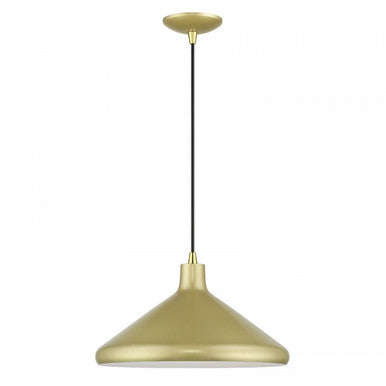 Livex Lighting Geneva 1 Light Soft Gold Cone Pendant with Polished Brass Accents and Soft Gold Aluminum Shade with White Inside 41179-33