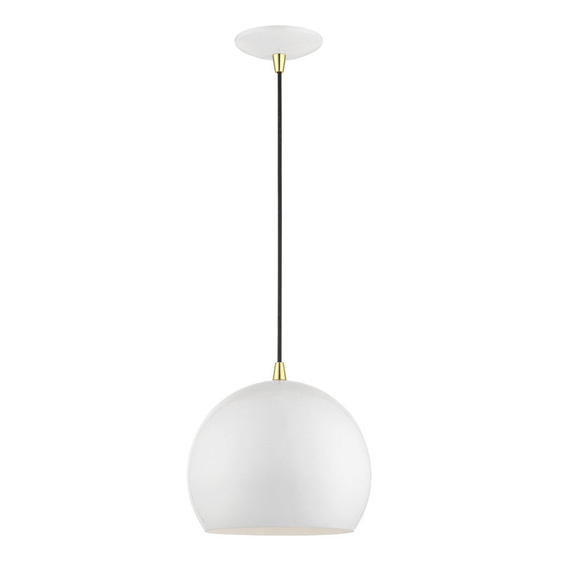 Livex Lighting Piedmont Collection  1 Light Shiny White with Polished Brass Accents Globe Pendant in Shiny White with Polished Brass Accents 41181-69