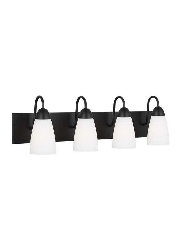 Generation Lighting Sean Lavin Seville 4-light bath vanity wall sconce in midnight black with etched white glass shades 4420204-112