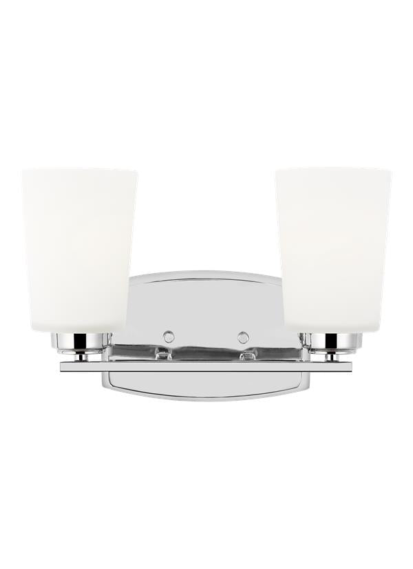 Generation Lighting Franport transitional 2-light indoor dimmable bath vanity wall sconce in chrome silver finish with etched white glass shades 4428902-05