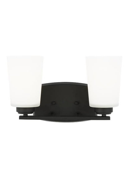 Generation Lighting Franport transitional 2-light indoor dimmable bath vanity wall sconce in midnight black finish with etched white glass shades 4428902-112