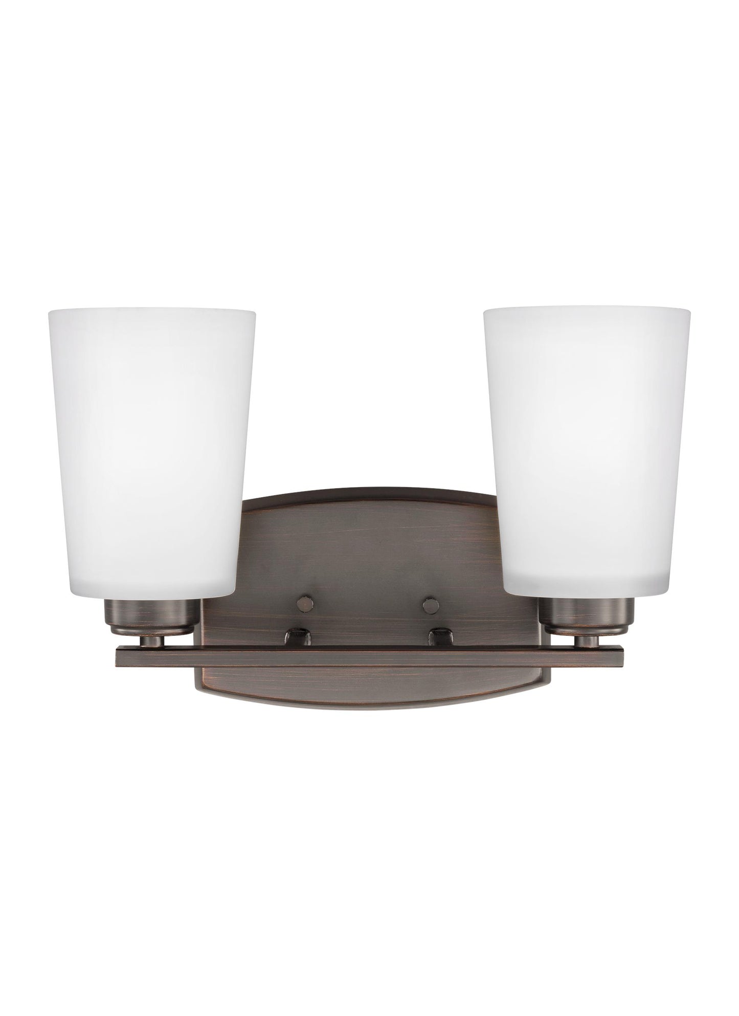 Generation Lighting Franport transitional 2-light indoor dimmable bath vanity wall sconce in bronze finish with etched white glass shades 4428902-710