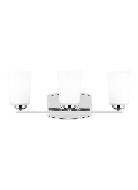 Generation Lighting Franport transitional 3-light indoor dimmable bath vanity wall sconce in chrome silver finish with etched white glass shades 4428903-05