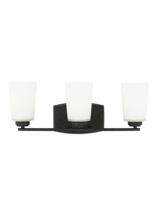 Generation Lighting Franport transitional 3-light indoor dimmable bath vanity wall sconce in midnight black finish with etched white glass shades 4428903-112