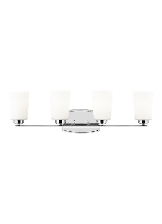 Generation Lighting Franport transitional 4-light indoor dimmable bath vanity wall sconce in chrome silver finish with etched white glass shades 4428904-05