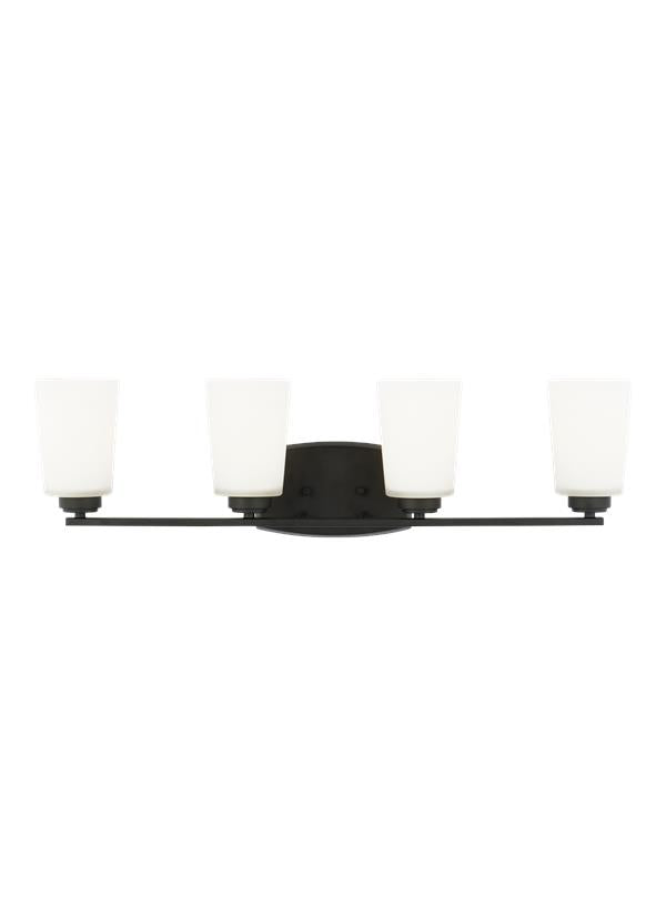 Generation Lighting Franport transitional 4-light indoor dimmable bath vanity wall sconce in midnight black finish with etched white glass shades 4428904-112